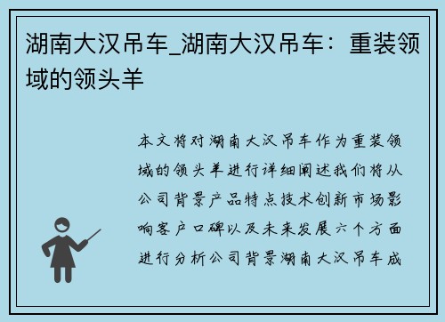 湖南大汉吊车_湖南大汉吊车：重装领域的领头羊